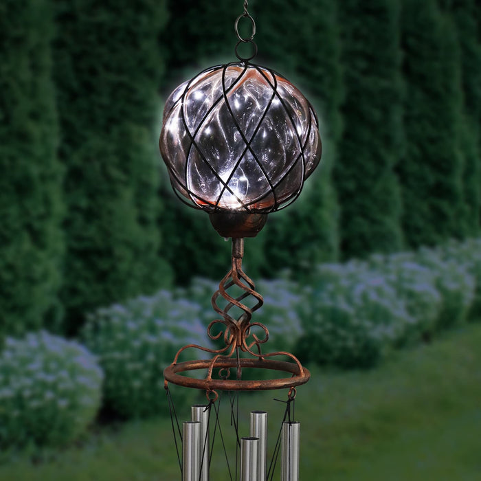 Solar Caged Amber Glass Wind Chime with Metal Finial, 6 by 45 Inches