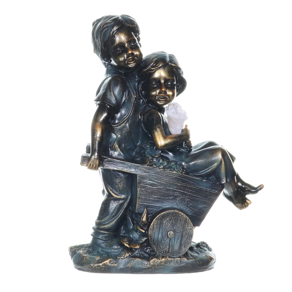 Faux Bronze Solar Boy and Girl in Wheelbarrow Garden Statue, 10 by 13 Inches