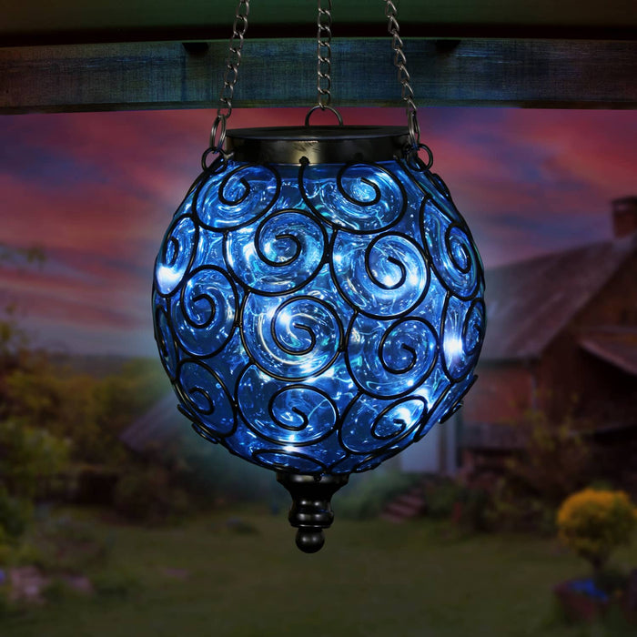 Solar Round Glass and Metal Hanging Lantern in Blue with 15 Cool White LED Firefly String Lights, 7 by 21 Inches