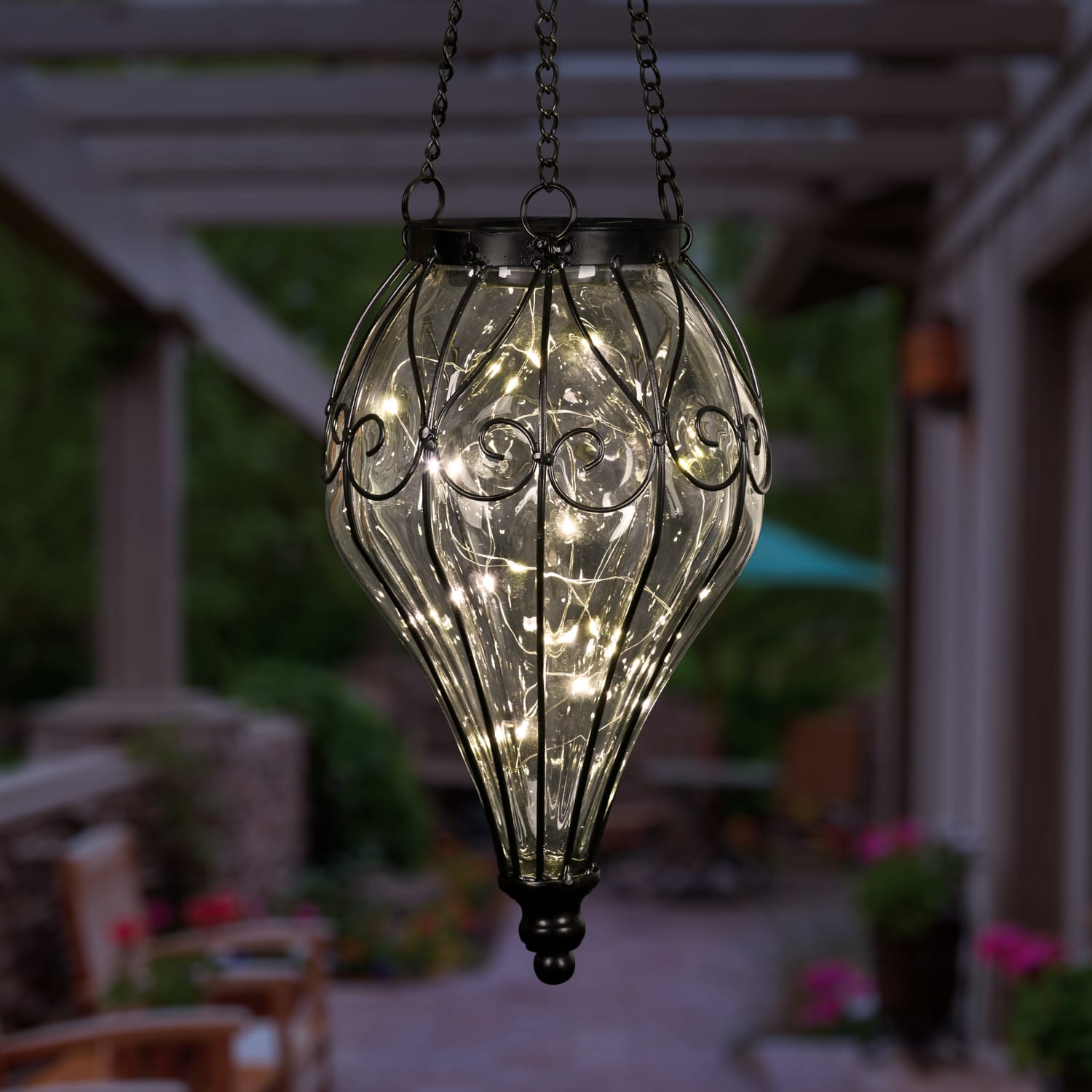 Exhart Solar Hanging Lantern, Handblown Blue Glass – Round Hanging Lantern  Light w/ 12 LED Firefly String Lights, Metal & Glass Lantern Decorative Orb