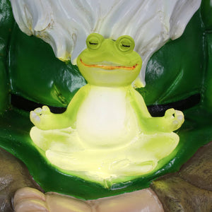 Solar Good Time Meditating Gnamaste Gnome in Lotus Position with Frog Garden Statuary, 8 by 10.5 Inch | Exhart