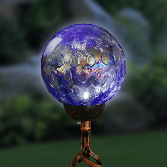 Solar Pearlized Honeycomb Glass Ball Garden Stake with Metal Finial in Dark Blue, 4 by 31 Inches