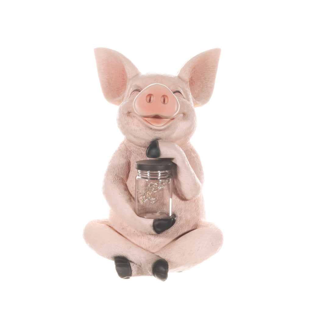 Solar Pig Garden Statue Holding a Glass Jar with Eight LED Firefly String Lights, 7 by 10.5 Inches