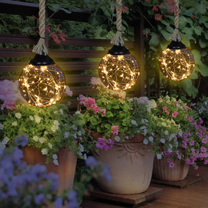 Hanging Golden Glass LED Balls with Timer, Set of Three, 6 by 31 Inches | Shop Garden Decor by Exhart