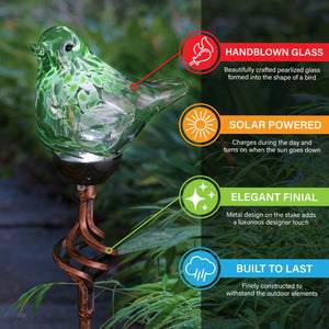 Solar Pearlized Hand Blown Glass Bird Garden Stake in Green, 6 by 31 Inches | Shop Garden Decor by Exhart