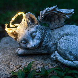 Solar Sleeping Cat with Halo and Angel Wings Memorial Garden Statue, 12 by 7 Inches | Shop Garden Decor by Exhart