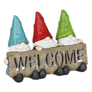 Solar Welcome Sign Held by Three Garden Gnomes Statuary, 13 by 8.5 Inches | Shop Garden Decor by Exhart