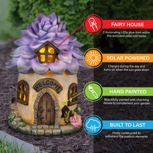 Solar Hand Painted Fairy House Garden Statue, Welcome Sign and Purple Succulent Petal Roof, 7 by 9 Inches | Exhart