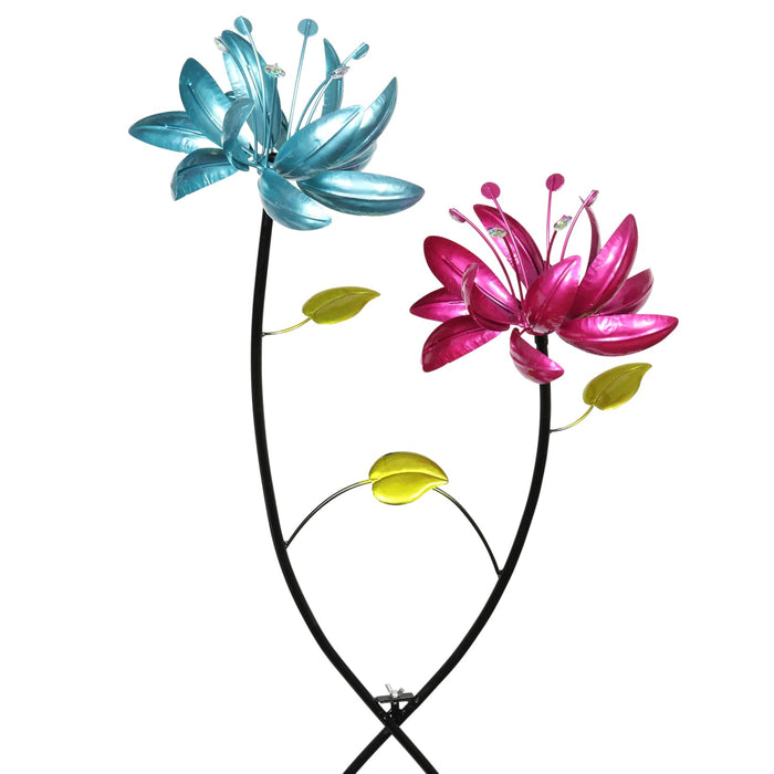 Flower Wind Spinner Garden Stake with Two Metallic Flowers, 20 by 47 Inches