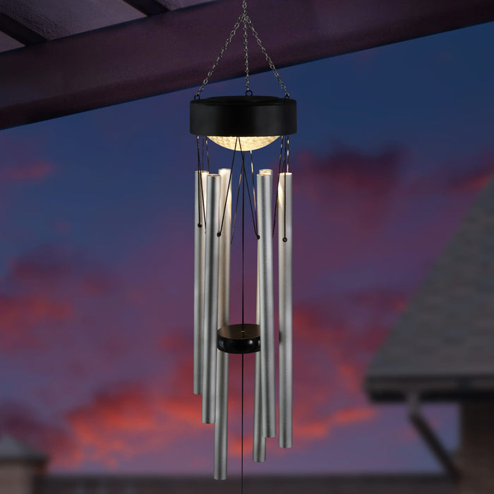 Solar Silver Wind Chime with Black Detailed Top and Round Dangling Charm, 5 x 5x 33.5 Inches