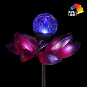 Triple Kinetic Flower Wind Spinner Garden Stake with Solar Color Changing Crackle Glass Ball, 21 by 70 Inches | Exhart