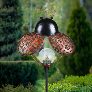 Solar Filigree Metal Ladybug Stake with Glass Crackle Ball Center in Bronze, 7.5 by 39 Inches | Shop Garden Decor by Exhart