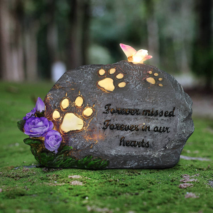 Solar Inspirational Pet Memorial Stone with Paws, Butterfly and Flowers, 9 by 6 Inches