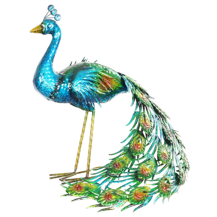 Hand Painted Majestic Metal Standing Peacock Garden Statue, 15 by 24 Inches