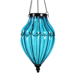 Solar Blue Glass Hanging Lantern with Waving Metal Pattern, 7.5 by 25 Inches | Shop Garden Decor by Exhart