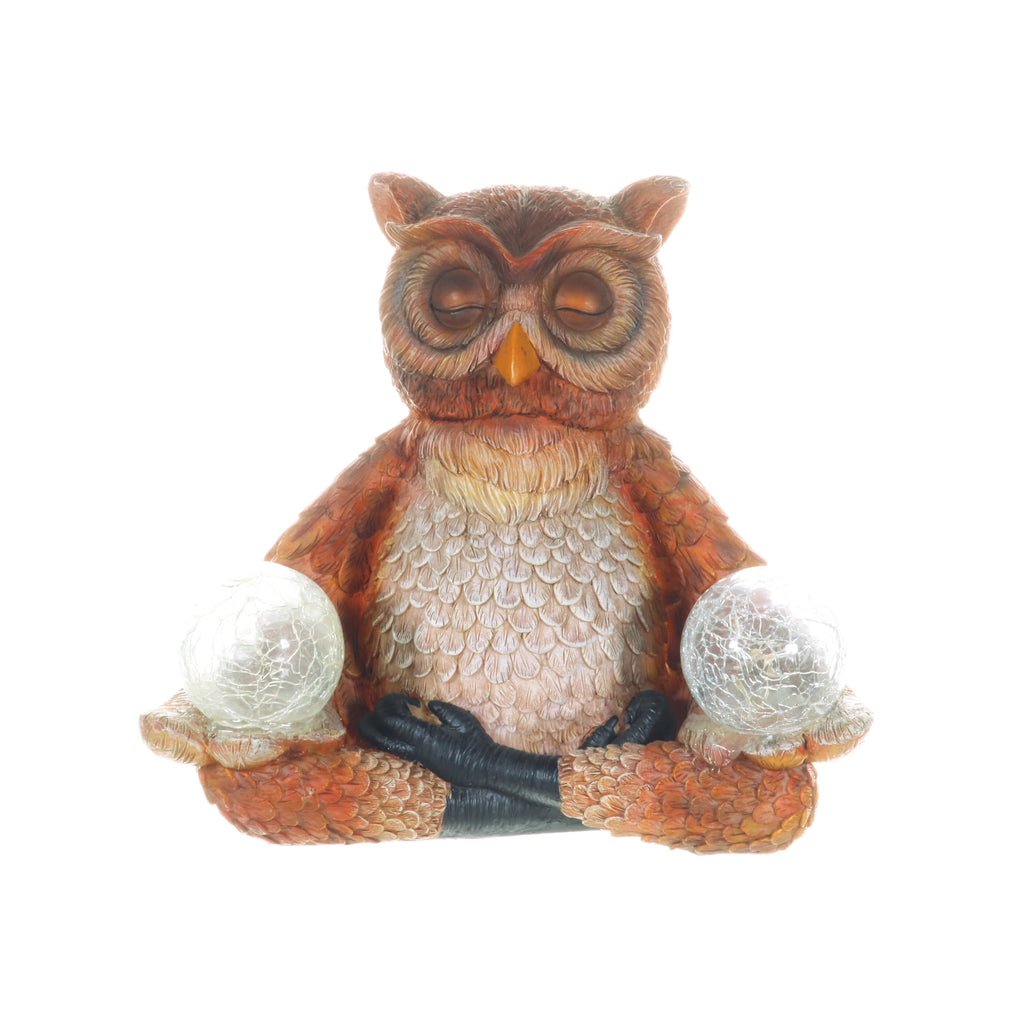 Solar Meditating Yoga Owl with Two Crackle Glass Firefly Balls Garden Statue