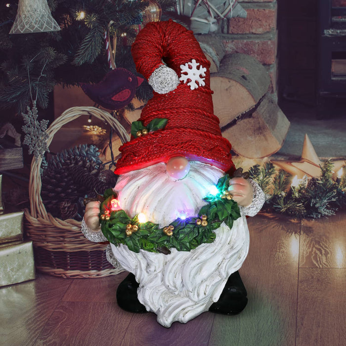 Red Hat Christmas Gnome with LED Garland on a Battery Powered Automatic Timer, 8.5 Inch