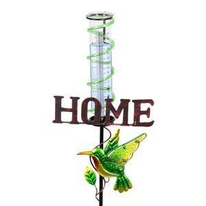 Solar Green Hummingbird Rain Gauge Garden Stake reads HOME, 12.5 by 31.5 Inches | Shop Garden Decor by Exhart