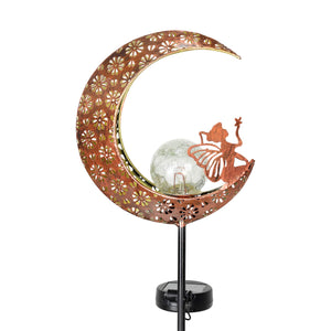 Solar Filigree Metal Moon Stake with Glass Crackle Ball Center in Bronze, 7 by 39 Inches | Shop Garden Decor by Exhart