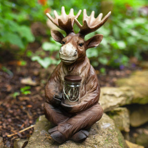 Solar Moose Garden Statue Holding a Glass Jar with Eight LED Firefly String Lights, 8.5 by 12.5 Inches | Exhart