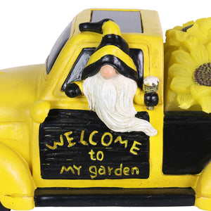 Solar Hand Painted Beekeeper Gnome in a Yellow Sunflower Truck Garden Statue, 11 by 5 Inches | Shop Garden Decor by Exhart