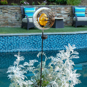 Solar Silver Sun and Moon Garden Stake with Amber Glass Center, 8 by 38 Inches | Shop Garden Decor by Exhart