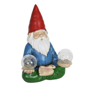 Good Time Solar Gnamaste Meditating Yoga Gnome with Two Crackle Glass Firefly Balls Garden Statue, 11 Inch | Exhart