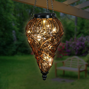 Solar Tear Shaped Amber Glass and Metal Hanging Lantern with 15 Cool White LED Fairy Firefly String Lights, 7 by 24 Inches | Exhart