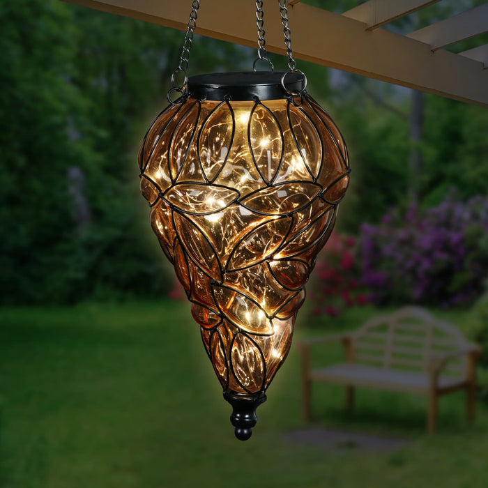 Solar Tear Shaped Amber Glass and Metal Hanging Lantern with 15 Cool White LED Fairy Firefly String Lights, 7 by 24 Inches