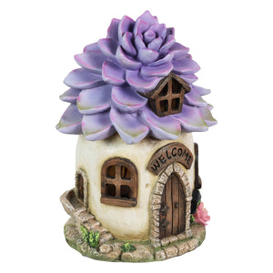 Solar Hand Painted Fairy House Garden Statue, Welcome Sign and Purple Succulent Petal Roof, 7 by 9 Inches | Exhart