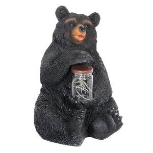 Solar Bear Garden Statue Holding A Glass Jar with Eight LED Firefly String Lights, 8.5 x 10.5 Inch | Exhart