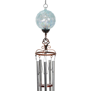 Solar Pearlized Light Blue Honeycomb Glass Ball Wind Chime with Metal Finial Detail, 5 by 46 Inches | Exhart