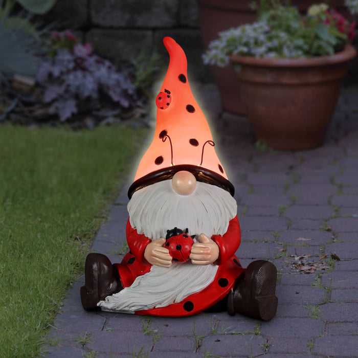 Solar Ladybug Hat Gnome Statue with Ladybug, 5.5 by 9.5 Inches