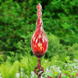 Solar Hand Blown Red Glass Twisted Flame Garden Stake with Metal Finial Detail, 36 Inch | Shop Garden Decor by Exhart