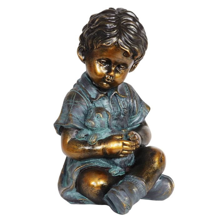 Bronze Look Boy and Puppy Statue, 10.5 Inches