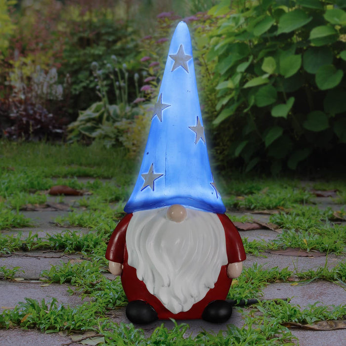 Hand Painted Patriotic LED Hat Gnome Statue on a Battery Operated Timer, 6 by 12.5 Inches