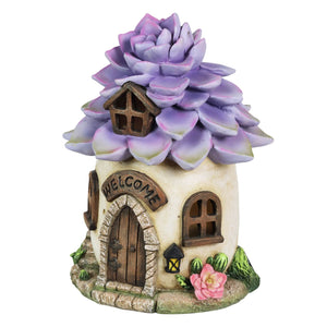 Solar Hand Painted Fairy House Garden Statue, Welcome Sign and Purple Succulent Petal Roof, 7 by 9 Inches | Exhart