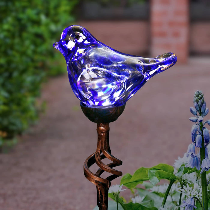 Solar Pearlized Hand Blown Glass Bird Garden Stake in Blue, 6 by 31 Inches
