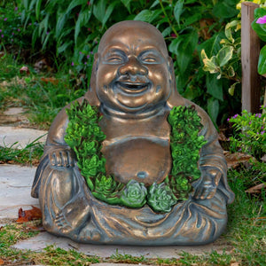 Solar Happy Buddha Garden Statue  In Bronze Look With Succulents, 10 Inch | Shop Garden Decor by Exhart