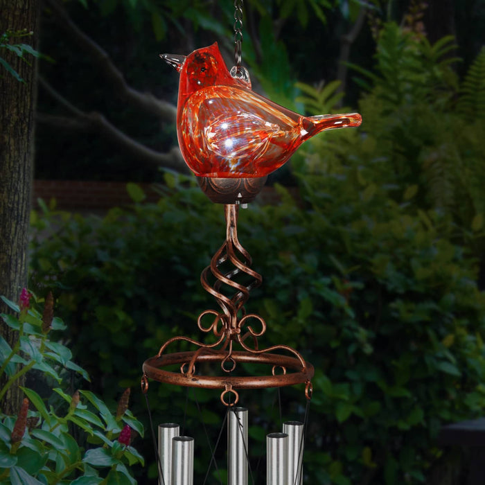 Solar Glass Red Cardinal with Metal Finial Wind Chime, 6 by 44 Inches