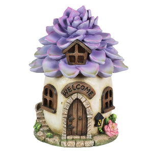 Solar Hand Painted Fairy House Garden Statue, Welcome Sign and Purple Succulent Petal Roof, 7 by 9 Inches | Exhart