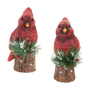 Two Piece Hand Painted Christmas Cardinal Statues with LED lights on a Battery Powered Timer, 8 Inch | Exhart