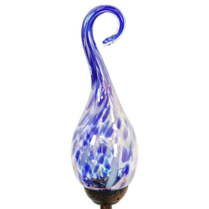 Solar Hand Blown Pearlized Blue Glass Spiral Flame Garden Stake with Metal Finial Detail, 36 Inch | Exhart