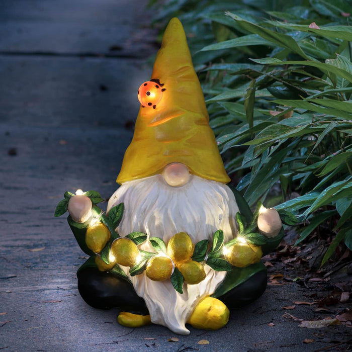 Solar Garden Gnome Statue with LED Ladybug and Lemon Garland, 7.5 by 9.5 inches