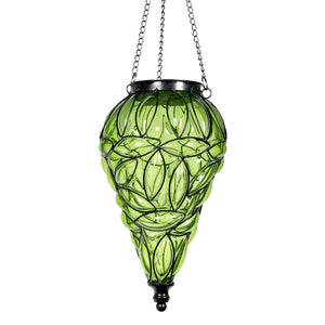 Solar Tear Shaped Glass and Metal Hanging Lantern in Green with 15 Cool White LED Fairy Firefly String Lights, 7 by 24 Inches | Exhart