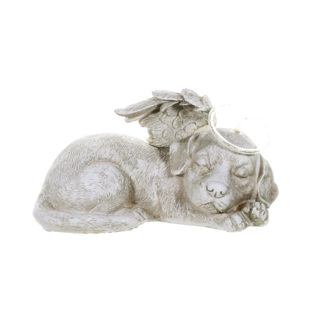 Solar Sleeping Dog with Halo and Angel Wings Memorial Garden Statue, 12 by 7 Inches