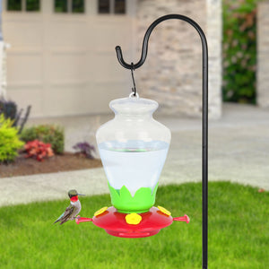 Hanging Hummingbird Feeder, Green Grass Detail, Classic Red Base with Yellow Flowers, Durable Plastic Design, 7.5 x 7.5 x 9 Inches | Exhart