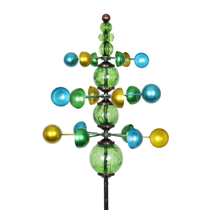 Three Tier Wind Spinner Garden Stake with Glass Crackle Balls in Green, 14 by 48 Inches