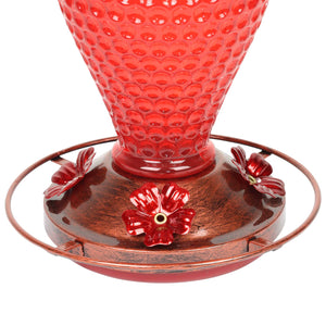 Solar Hanging Hummingbird Feeder with Illuminating Scarlet Glass, Bronze Metal Top and Base, 6.5 x 6.5 x 9.5 Inches | Exhart