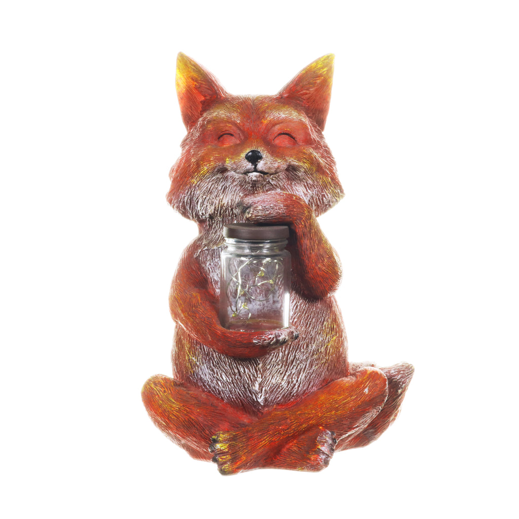 Solar Fox Garden Statue Holding a Glass Jar with Eight LED Firefly String Lights, 6.5 by 11.5 Inches